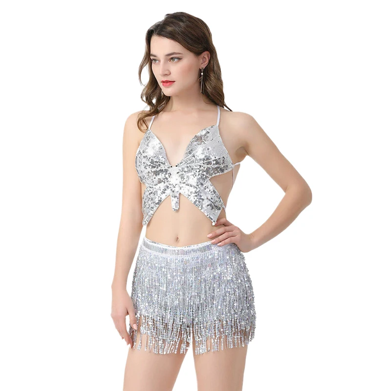 Damen 2-Teiliges Set Cosplay-Kostüm Funkelndes Schmetterlings-Crop-Top Quastenrock Halloween-Party Karneval Aufführung Tanz-Outfit – Detail 6