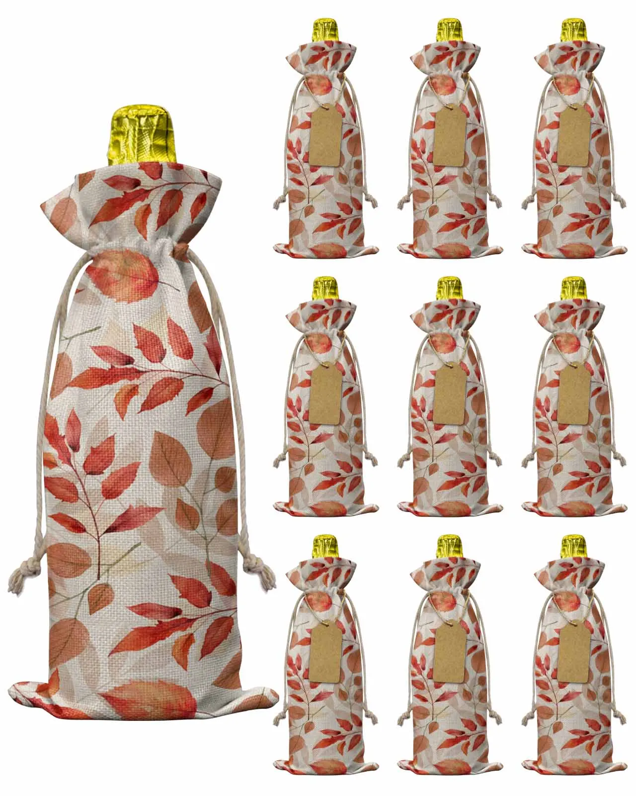 10pcs Red Orange Leaves, Red Brown Leaves, WatercolorWine Bottle Bag with Drawstring Festive Party Decor Wine Bottle Covers Gift