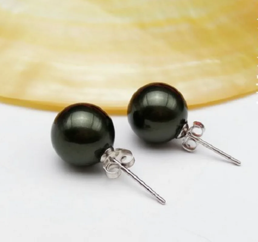 PAIR OF 9-10MM NATURAL SOUTH SEA TAHITIAN GENUINE BLACK ROUND PEARL STUD EARRING  earrings for women