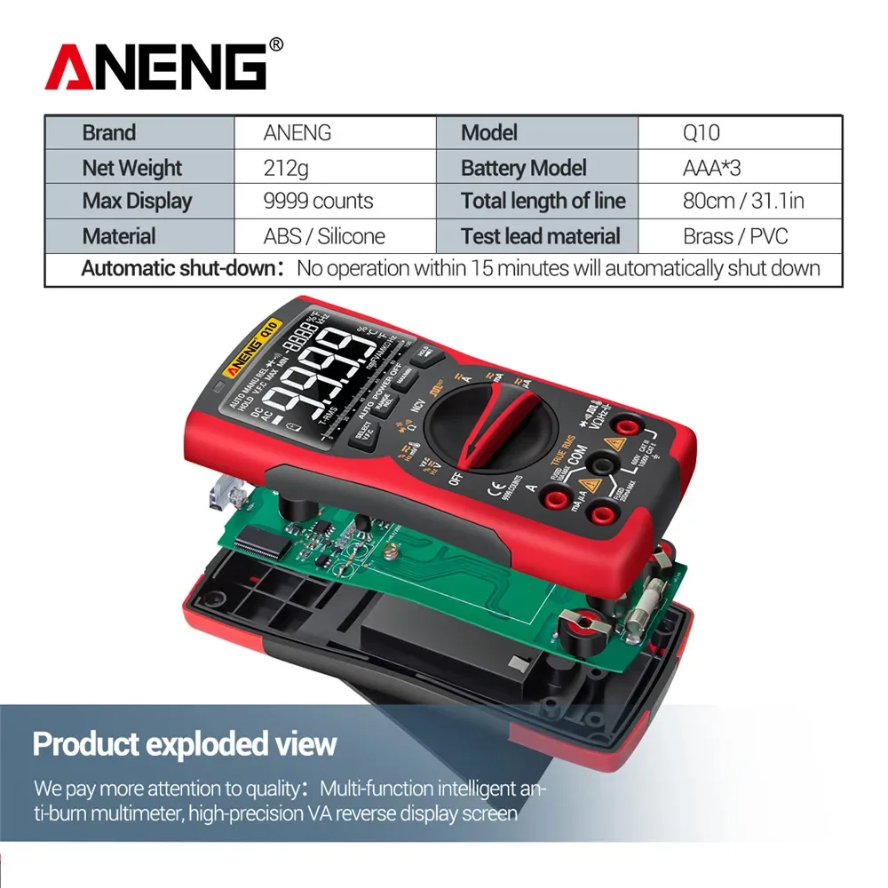 Imagem -05 - Intelligent Anti-burn Multímetro com Verdadeiro Valor Eficaz Componentes Eletrônicos Tester Ferramenta 9999 Palavras Multi-função Aneng-q10