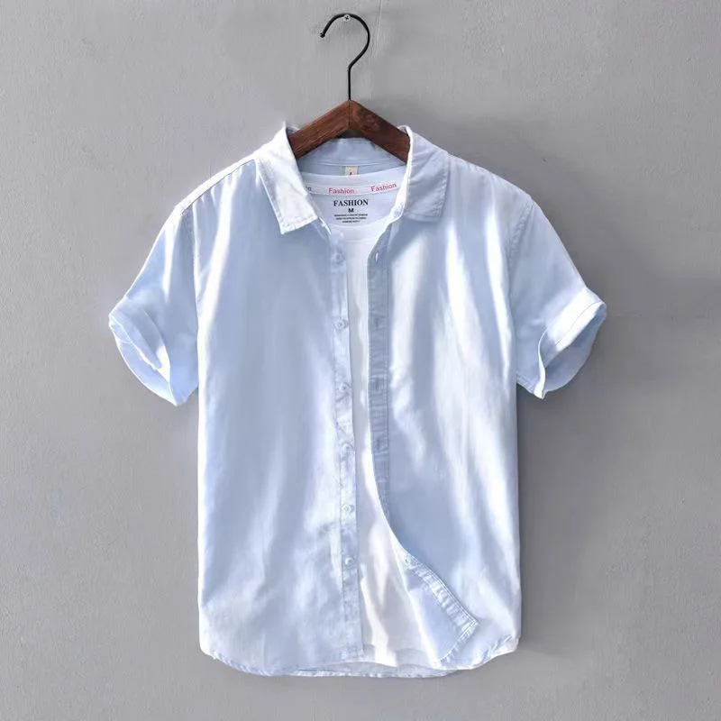 

Men's 45% cotton 55% Linen Shirt Short sleeve lapel Summer Shirt Fashion Simple Casual Solid Color Shirt Business Casual shirt