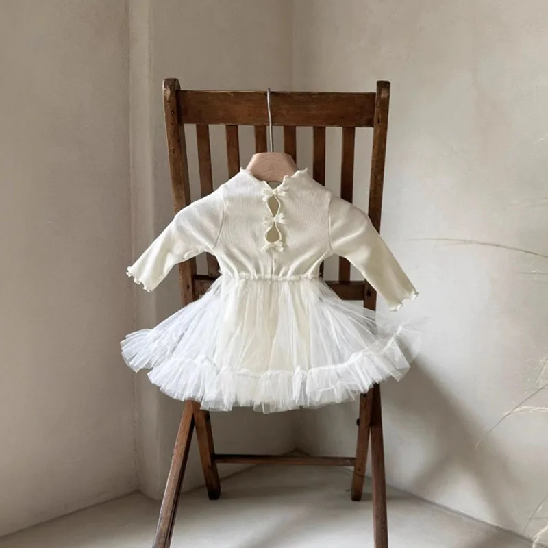 MILANCEL New Spring Girls Dress 0-24M Baby Cute Solid Color Bow Bodysuit Infant Outwear Splicing Mesh Skirt