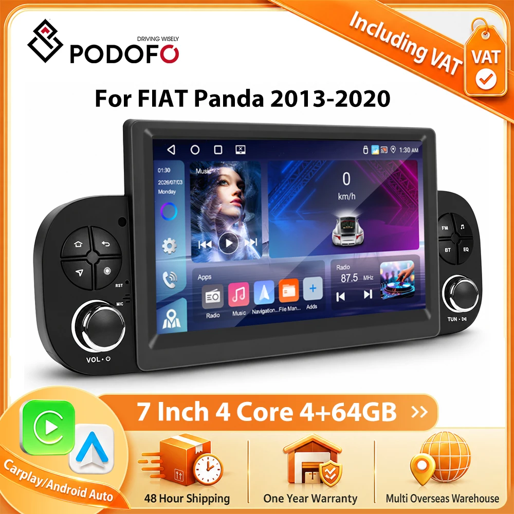 Podofo Bezprzewodowy Apple CarPlay Android Auto do Fiata Pandy 2013-2020 4+64GB Radio Samochodowe FM Bluetooth USB TF Ekran Dotykowy Mirror Link Radio Samochodowe Multivan Odbiornik FM