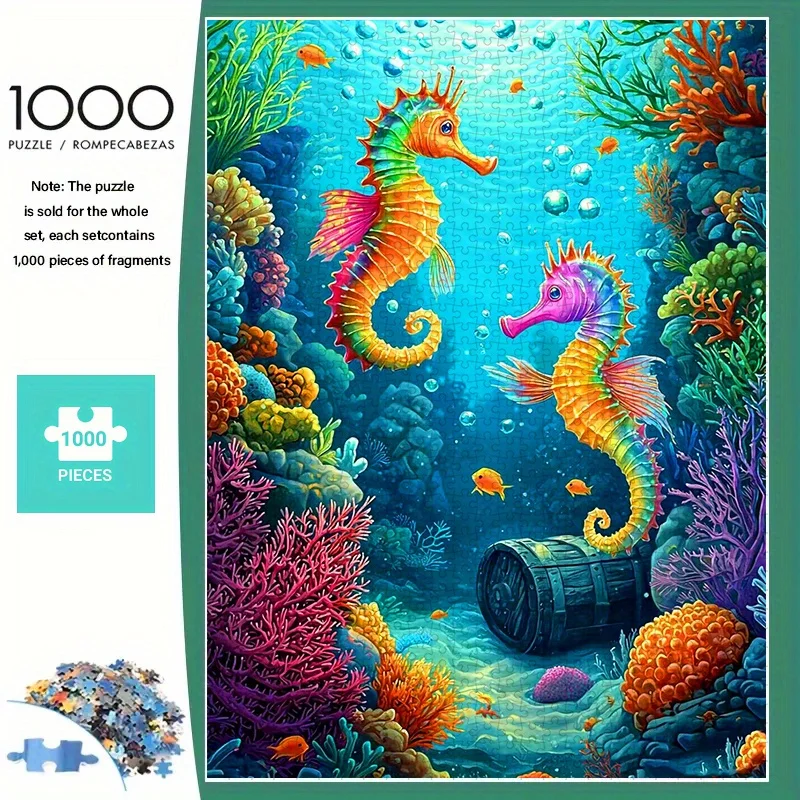 1000 Stück lebendiges Unterwasserwelt-Puzzle – farbenfrohes Seepferde- und Korallenriff-Design, ideal für Familienbindung, Geburtstage und Ho