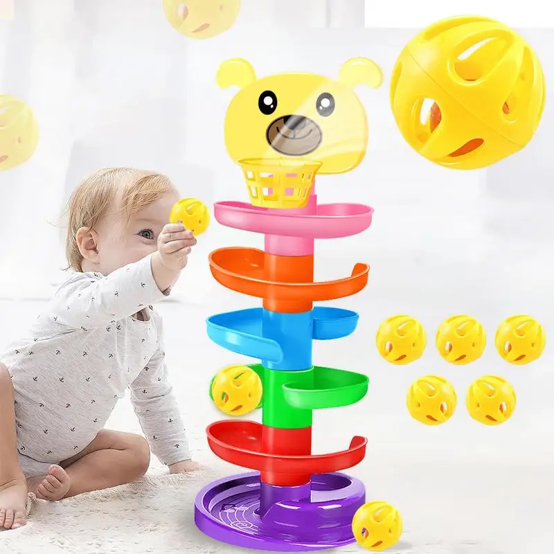 Ball Drop Tower 6 Layers Cute Stacking Tower Toy With 5 Rolling Balls Educational Preschool Learning Games Detachable Portable