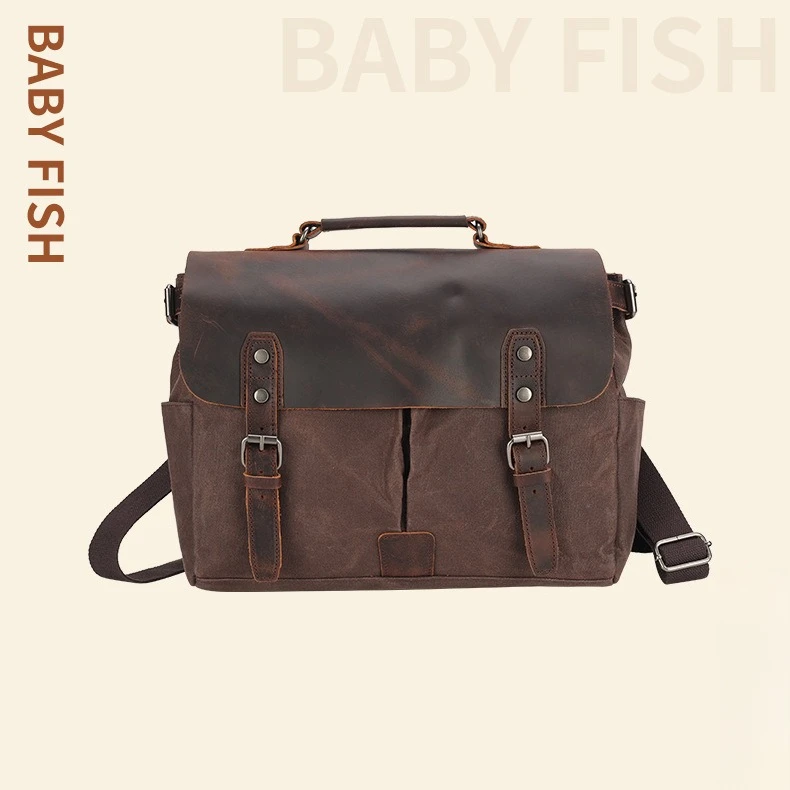 

Men's flip-top hand-held postman bag, retro canvas bag, and crazy horse leather men's single-shoulder large-capacity briefcase