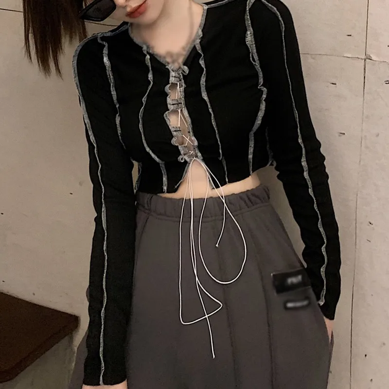 Long Sleeve Crop Top Women Lace Up Bandage Contrast Stitch Patchwork  Pastel Mall Goth Emo Alt Y2k  Girl Sexy Tee T Shirt