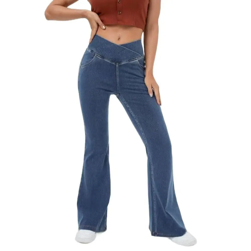 High Street High Waist Stretch Flare Jeans Comfortable Lift The Hip Goth Denim Pant Pull in Belly High Waist Flared Jeans