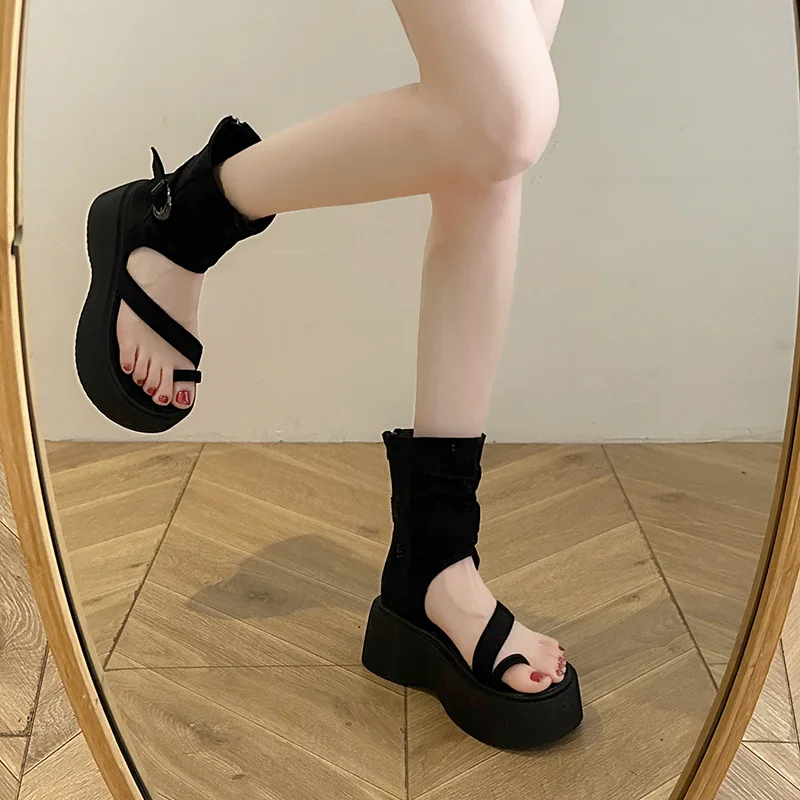 Dark Gothic Hollow Sandals Women Thick Sole Metal Buckle Punk Style Spice Single Shoes Chunky Heel Platform Cross Tied Sandalias