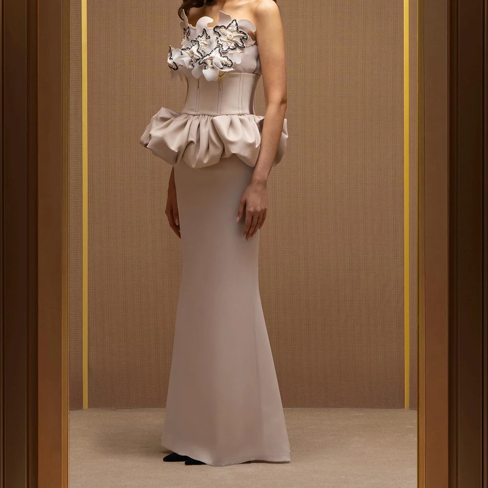 

Customized A-line Evening Dresses Floor-length Strapless Sleeveless Prom Gown Fashion Flowers Simple Draped Backless Party Gown