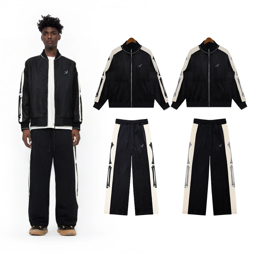 

Мужской спортивный костюм-двойка в стиле стритвир с вышивкой в виде костей, на молнии, повседневный, ретро, из хлопка