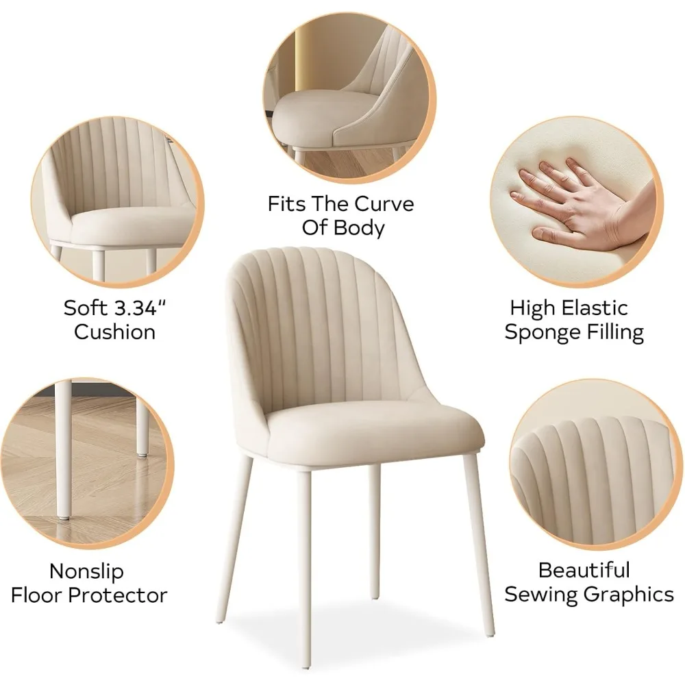 Moderne, minimalistische Esszimmerstühle im 2er-Set mit Metallbeinen, Stoffkissen, cremeweißes Finish, bequemes armloses Design für Con