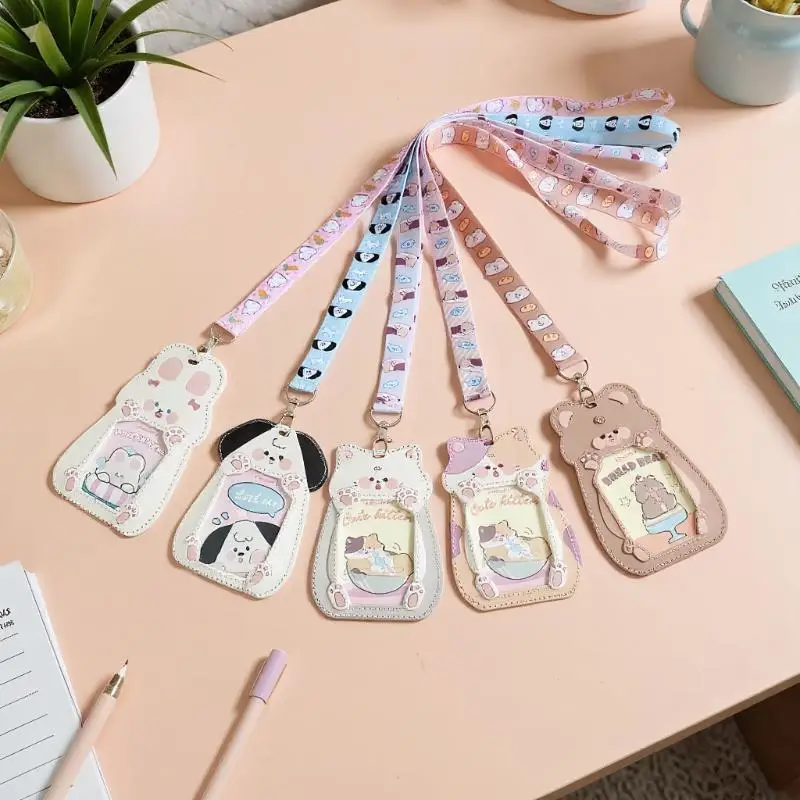 Imaginative Cat Dog 3inch Leather Card Cover & Lanyard for Student ID Tag Neck Strap