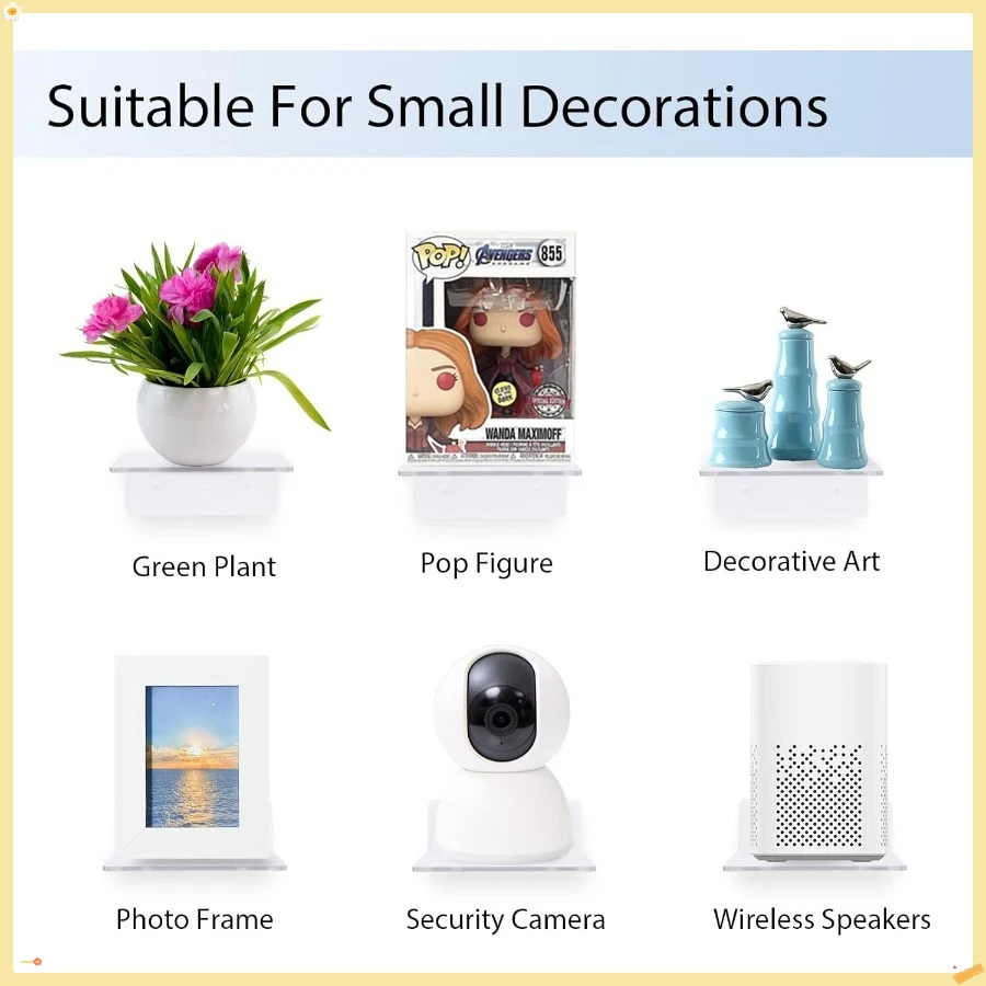 6 Pack Small Acrylic Floating Shelves for Wall, Wall Mounted Hanging Display Shelves for Plants , Adhesive Shelf for Bedroom