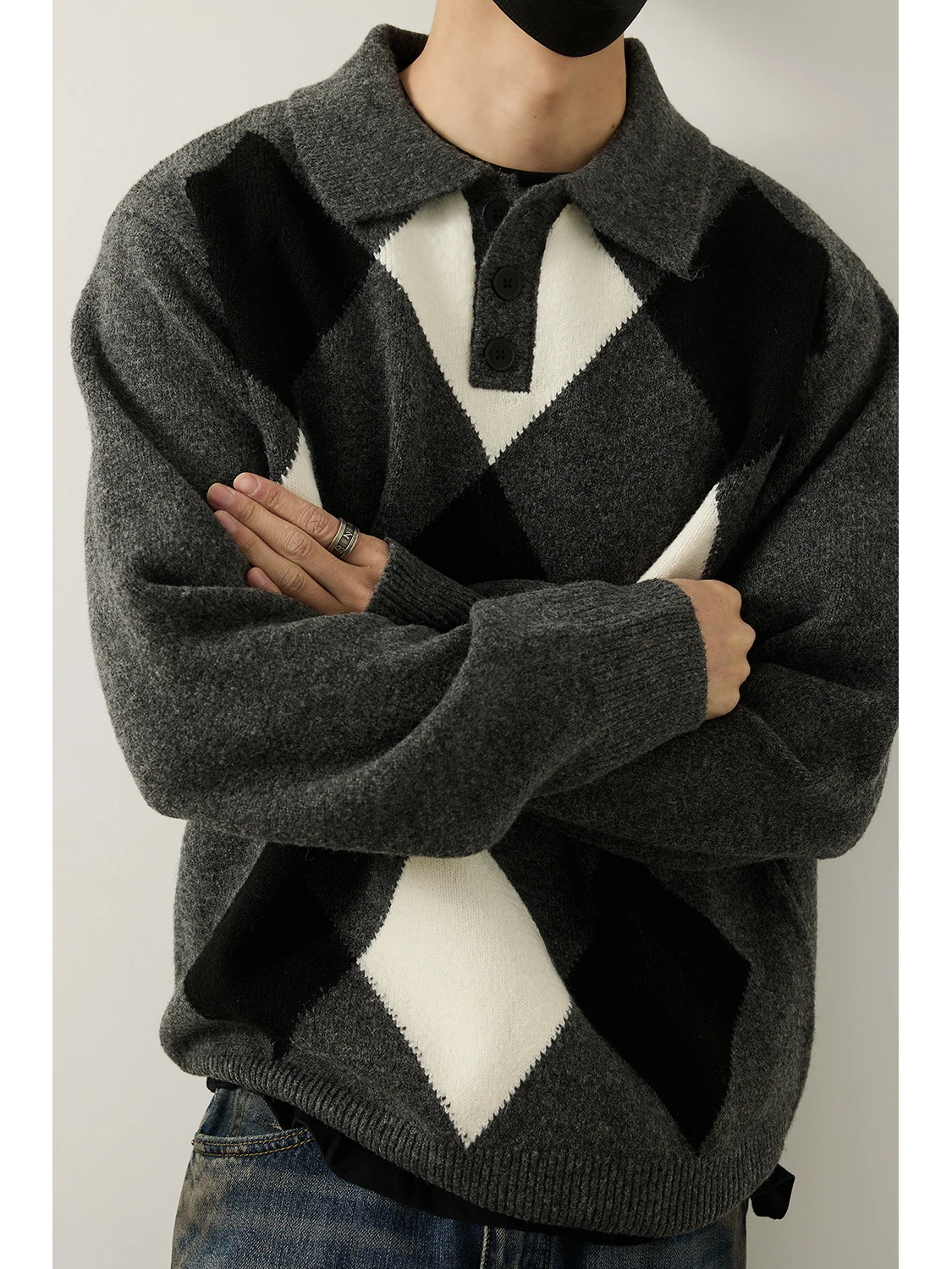 

Мужской теплый и комфортный свитер LH Store в японском винтажном стиле с ромбовидным узором, свободного кроя, с воротником, с длинными рукавами