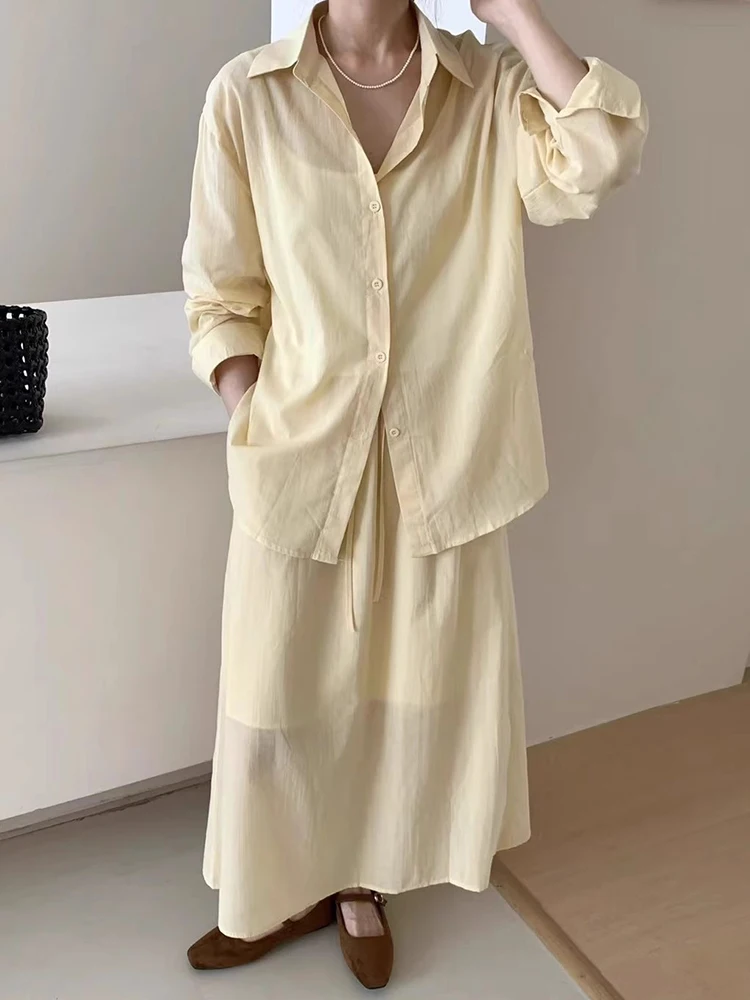 

SuperAen свободные тонкие солнцезащитные рубашки с отложным воротником для женщин, новые летние длинные юбки трапециевидной формы с высокой талией, комплекты из двух предметов