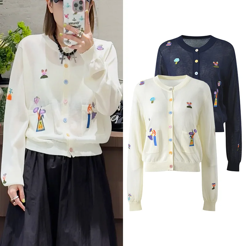 

Лето 2025 г., вязаный длинный све, круглый кардиган Ne, верхняя пуговица, милый узор, универсальный, модный, для поездок на работу, ледяной ...