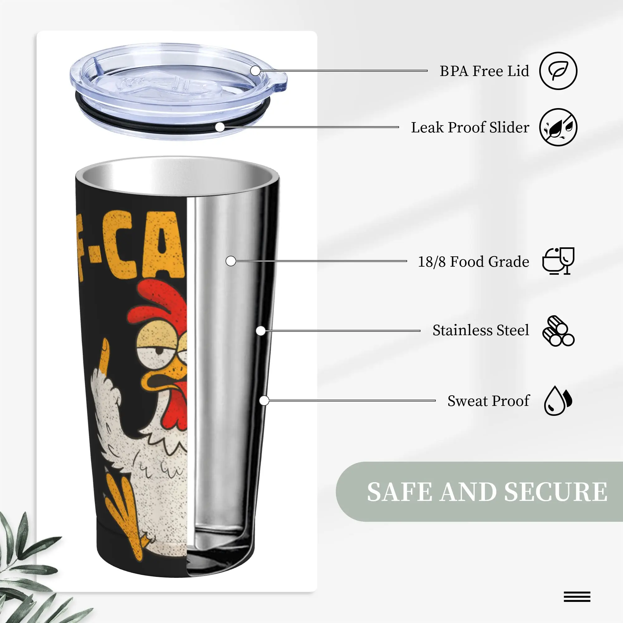 Funny F-Caw-F Chicken FCAWF Tumbler Vacuum Insulated Thermal Mug 20oz Double Wall Spill Proof Tags Coffee Cups Water Bottle view 4
