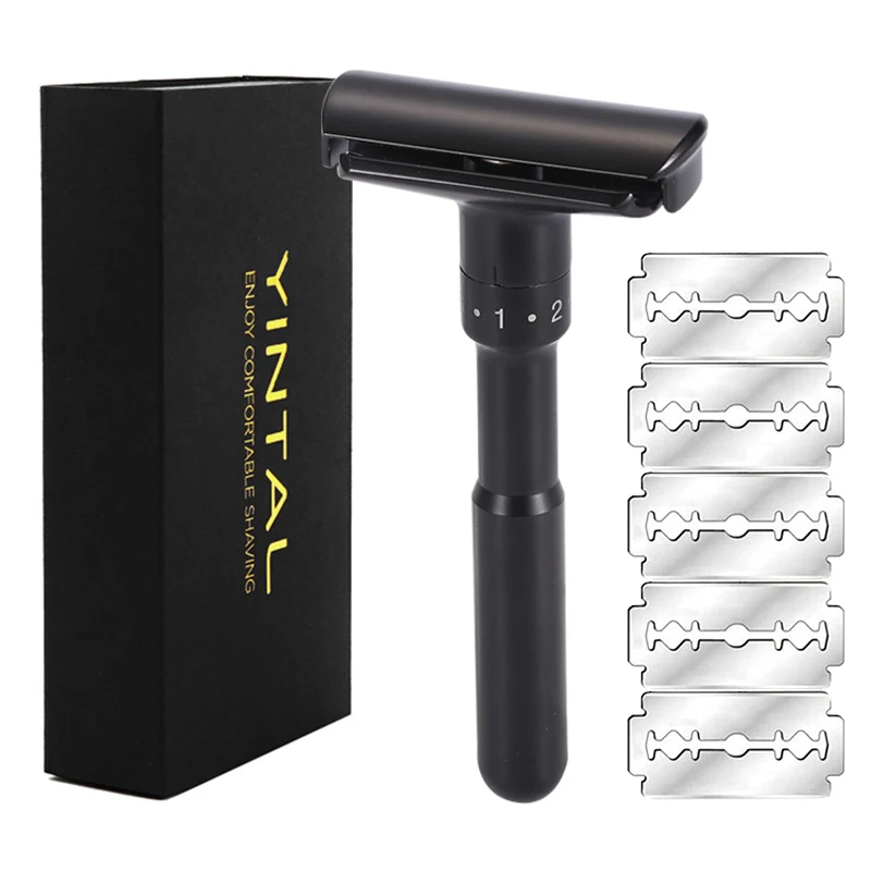 YINTAL Luxurious Black Adjustable Safety Razor Classic Stand Safety Razor Men Shaving With 5 Blades