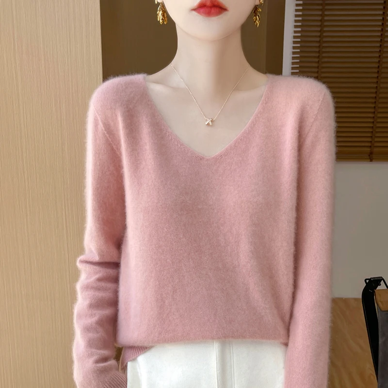 Autumn and winter new women\'s first-line ready-to-wear 100% pure wool V-neck solid color loose warm cashmere pullover top