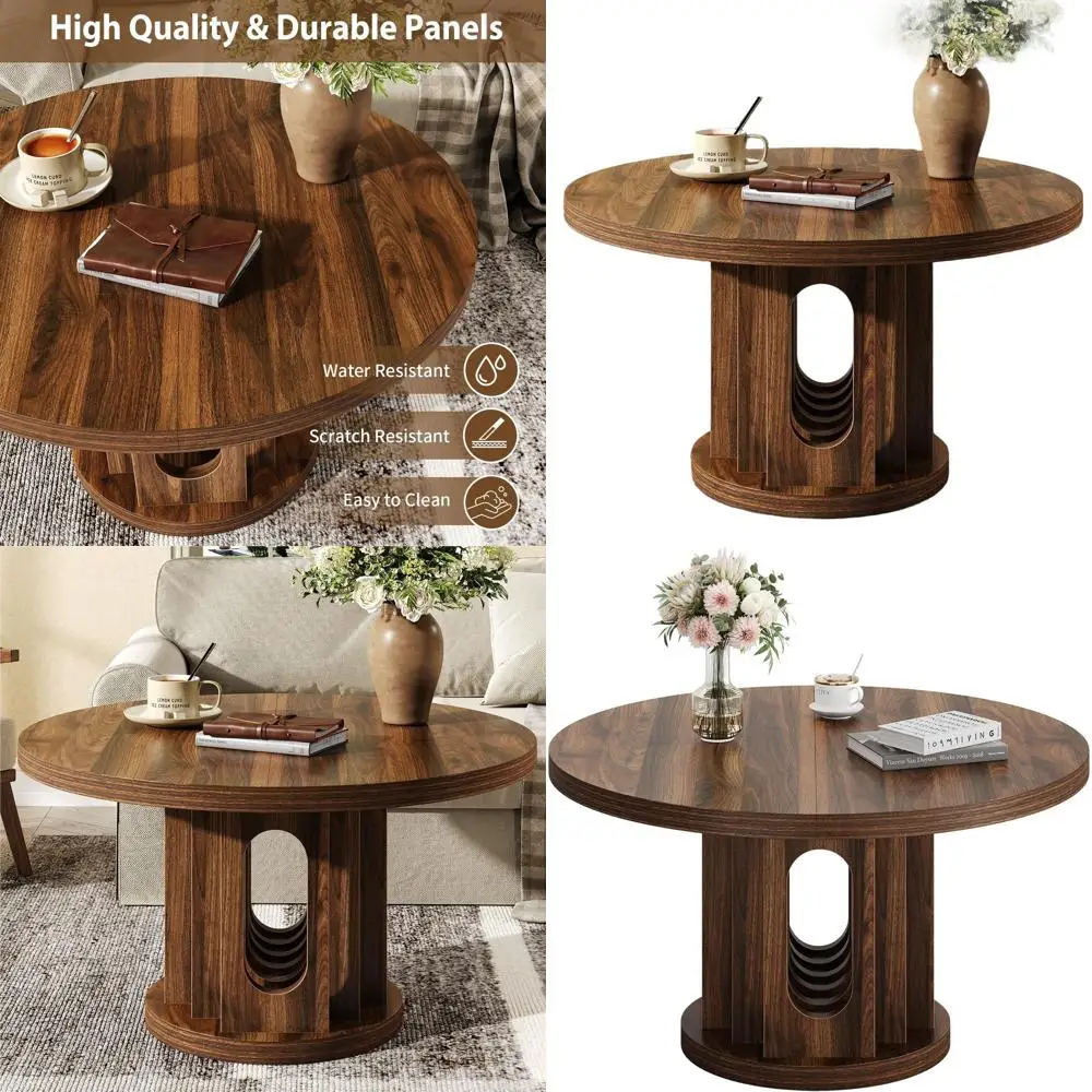 

Walnut 31.5 Round Coffee Table with Wooden Center and Spliced Panel Design for Living Room