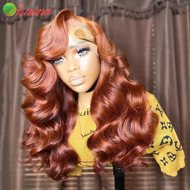 Perruque Body Wave Brésilienne Naturelle, Cheveux Humains, Brun Rousse, 13x6, Dentelle Transparente, pour Femme Africaine