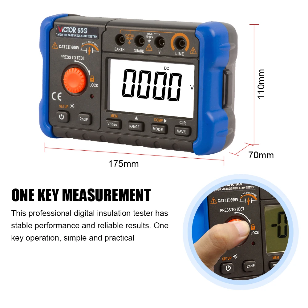 Ruoshui 60h شاشة الكريستال السائل اختبار العزل الرقمي 1000 فولت مع تسجيل البيانات Megohmmeter