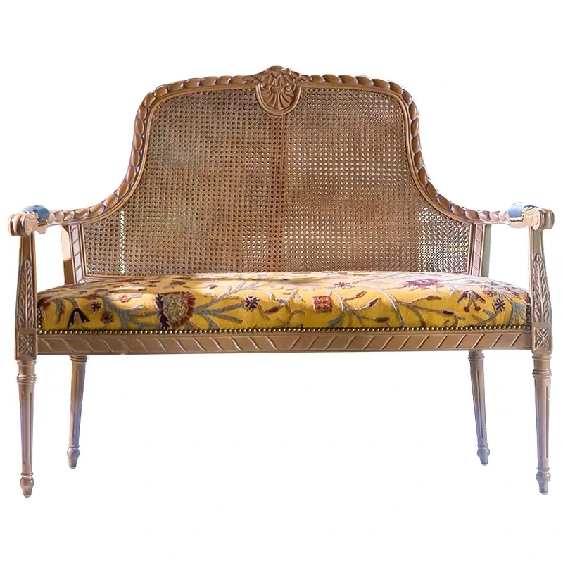 

@#French Chinese Style Wicker Sofa Solid Wood Single Chair, Retro Leisure Villa Living Room Furniture