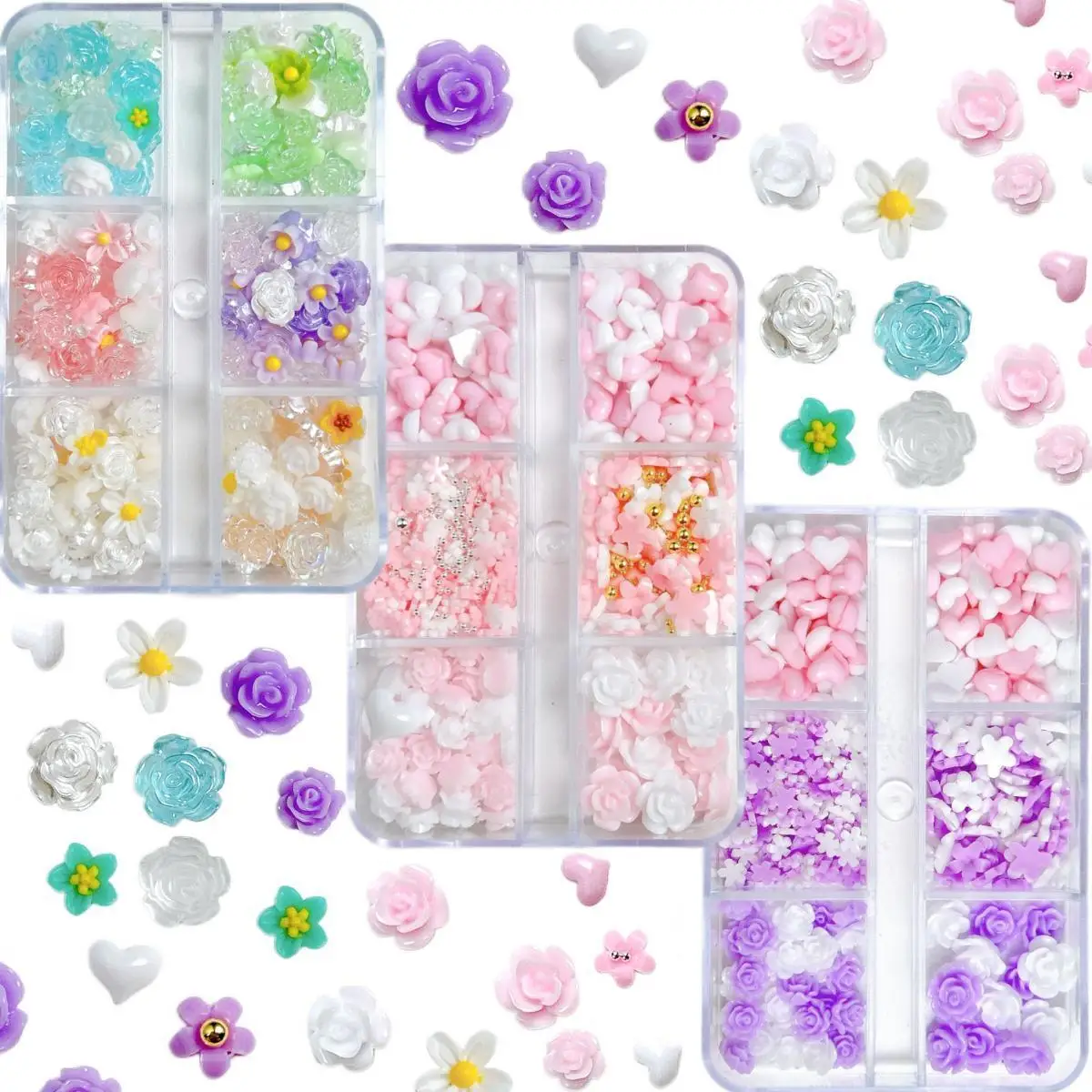 

1Box Multiple Style Colorful Rose Resin Nail Charms 3D Transparent Camellia Daisy Mini Heart Mixed Nail Art Decorations for DIY