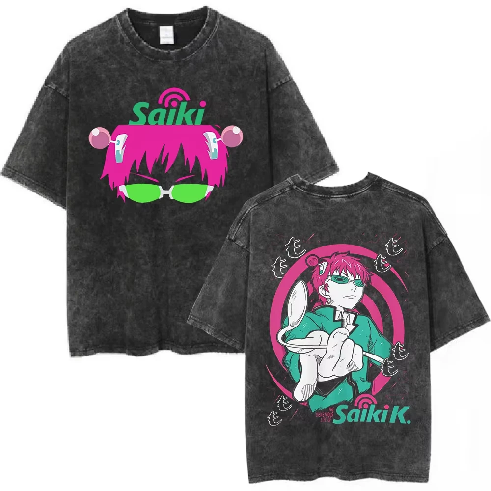 Anime The Disastrous Life of Saiki K Saiki Kusuo Graphic Print T-Shirt Men Women Retro Washed Manga Oversized Top Summer New Tee