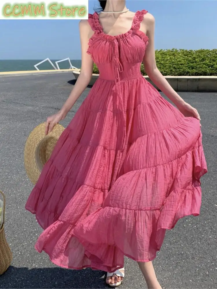 Vintage Bandage Holiday Beach Midi Dress Summer Pink Spaghetti Straps Backless Boho Vestidos Female Casual Fairy Clothes Mujer