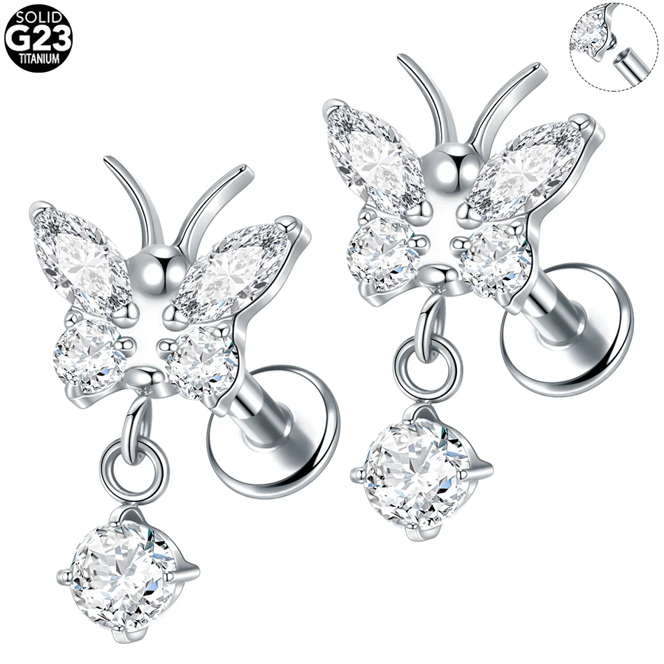 

1/5Pcs ASTM F136 Titanium Ear Labret CZ Butterfly with Drop Dangle Cartilage Tragus Earring Helix Conch Piercing Jewelry Women