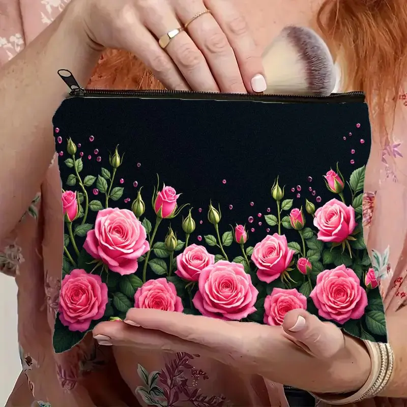 Lightweight And Portable Cosmetic Bag Featuring a Vibrant Pink Rose Floral Design, Equipped with a Smooth Zipper Closure