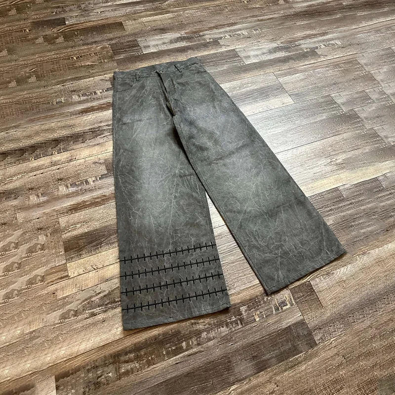 الرجعية مذكرة الموت أنيمي دور التصحيح التطريز المتعثرة غسلها مستقيم الساق الجينز Y2K أزياء الرجال النساء فضفاض الهيب هوب الشارع الشهير #2