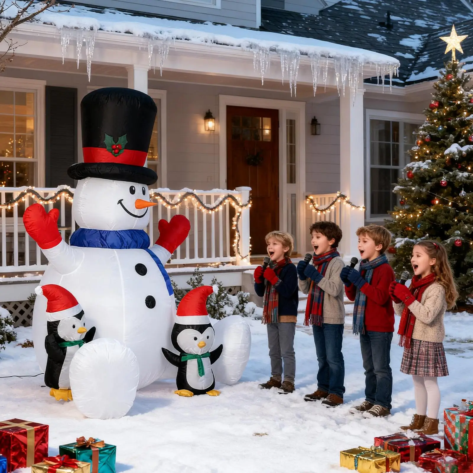 Christmas Snowman Inflatable Inflatable Festival RGB LED Lights Decor With 3 Penguins Waterproof Blow Up Seated Snowman For - view 3