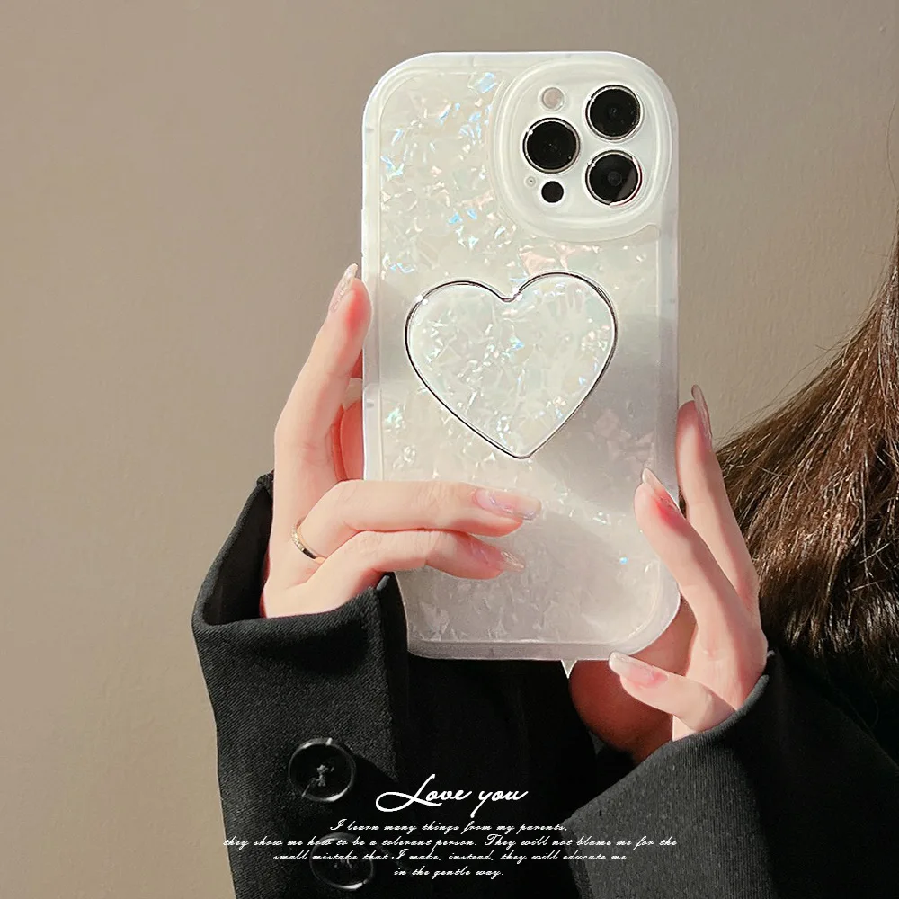 Glitter Dream Shell Pattern Love Heart Holder Case For iPhone 16 15 14 13 12 11 Pro Max 7 8 Plus XS X XR Mini Soft Bumper Cover