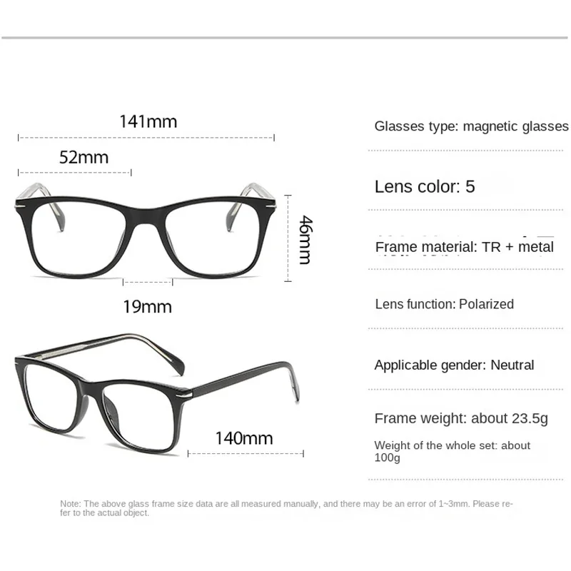 KIZN Sports 6 في 1 إطار شفاف لقصر النظر نظارات شمسية بمشابك مغناطيسية للرجال والنساء نظارات بصرية مخصصة مستقطبة-0.5 إلى
