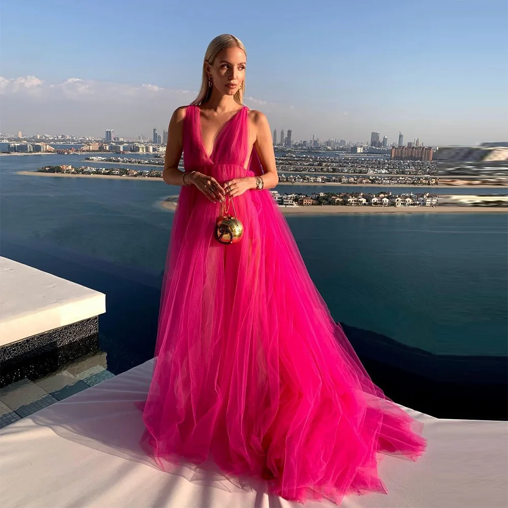 

Sevintage Elegant Fuchsia Tulle Prom Dresses V-Neck Sleeveless A-Line Evening Gowns Wedding Party Dress 2023