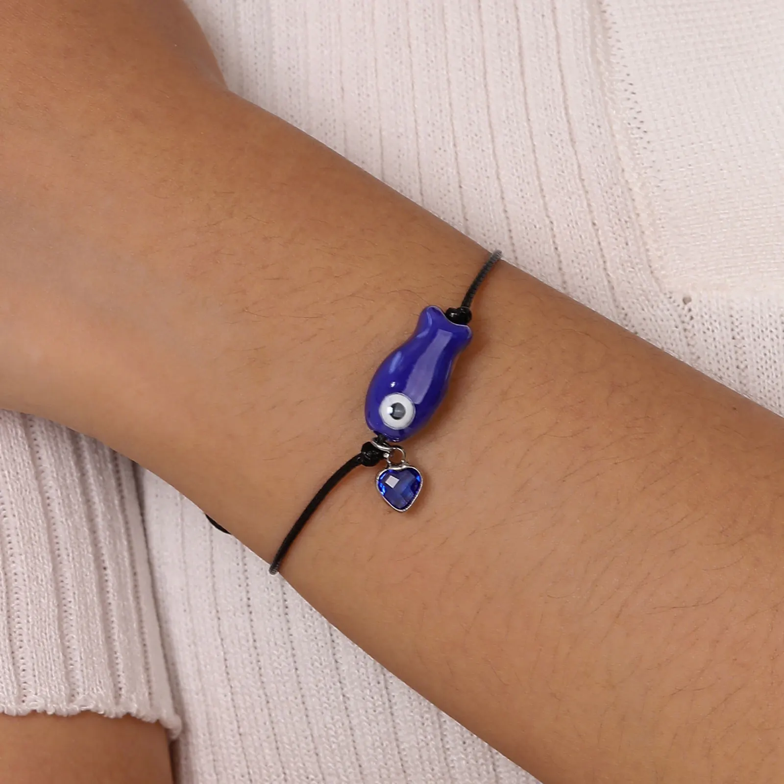 16-24CM Royal Blue Heart-Shaped Zircon Fish Ceramic Beaded Braided Hand Rope,Lucky Adjustable Hand Bracelet for Women Jewelry