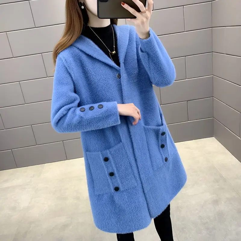 Women Imitation Mink Fleece Sweater Coat Medium Long Wool Thickened Overcoat Female Hooded Windbreaker 2025New Autumn Winter Top