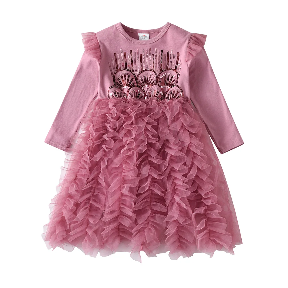 Girls Pink Ruffled Tulle Layered Mesh Cake Tutu Dress Kids Sequins Appliqued Glittery Shiny Performance Party Princess Dresses