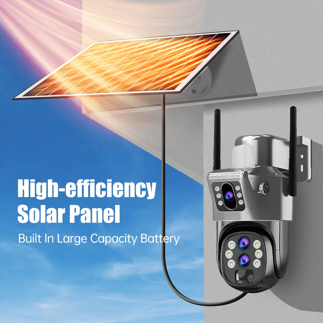 Caméra solaire extérieure à trois objectifs, caméra de sécurité à détection de mouvement PIR, surveillance PTZ sans fil, CCTV, n'aime 10X, 4G EpiCard, 6K, 12MP