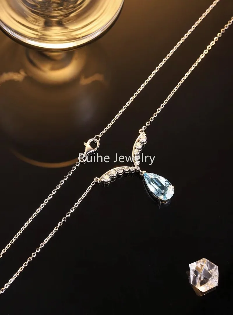 Ruihe 925 Sterling Silver Chain Necklace 5.59ct Lab Grown Aquamarine Gemstones Pear Shape Jewelry Women Fashion