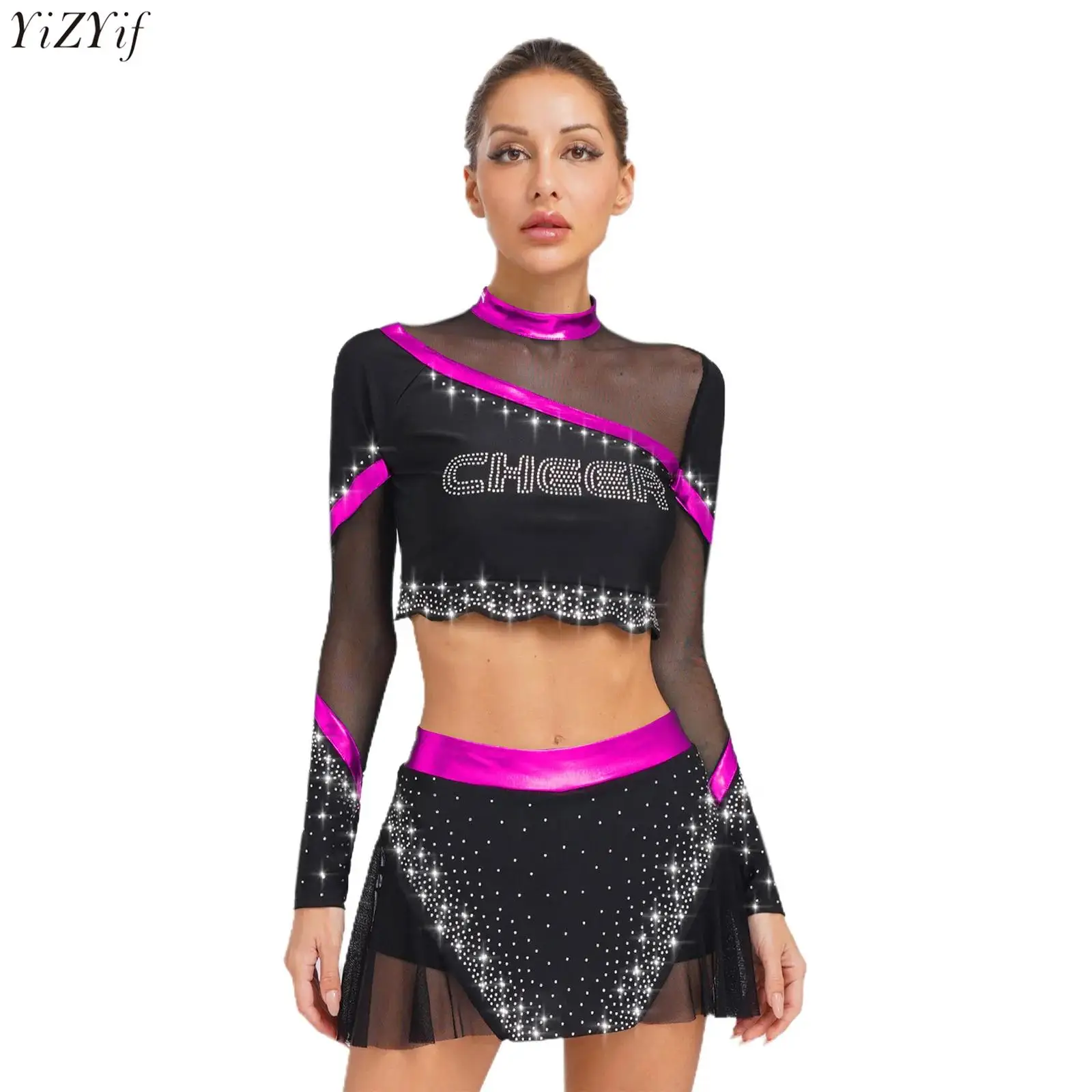 

2Pcs Womens Cheerleading Dance Outfits Long Sleeve Rhinestone Crop Tops+Skirts Set Cheerleading Performance Costume Dancewear
