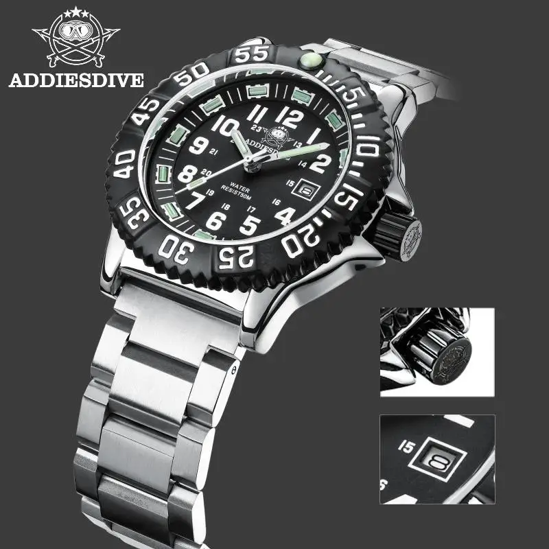 Addies Dive-reloj deportivo de acero inoxidable 316L para hombre, pulsera con esfera negra, resistente al agua hasta 50m, luminoso, con carcasa de aleación de 51mm, nuevo