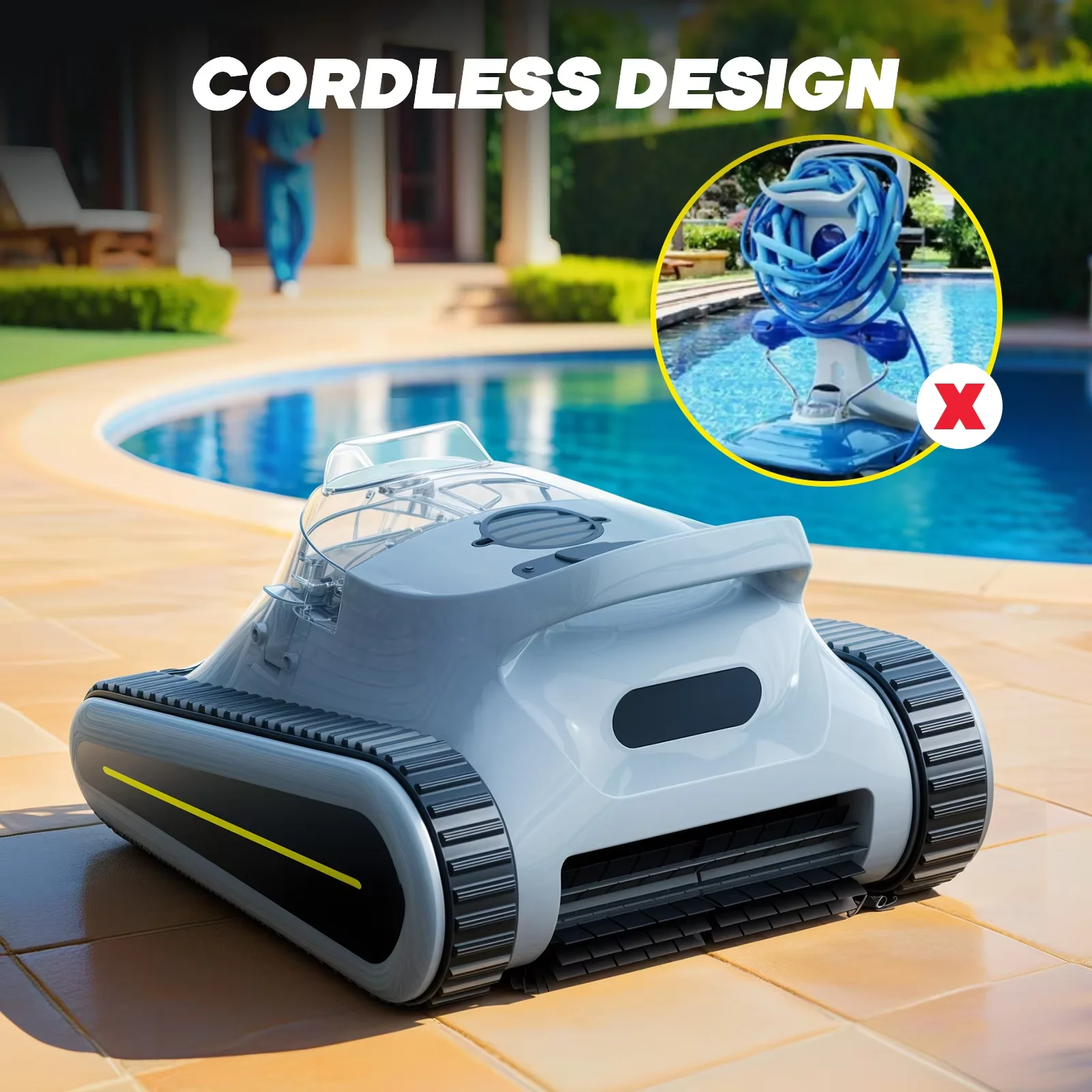 Automatic Pool Cleaner Robot Cordless Cyclone 200sqm Coverage 2.5H Runtime 5L Basket German/French Swimming Pool Equipment