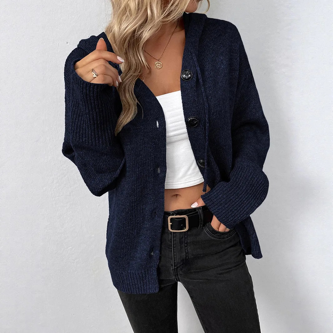 Oberbekleidung Solid Color Button Hooded Single Breasted Knitted Cardigan Women's Drawstring Sweatshirt Sweater Cardigan Jacket