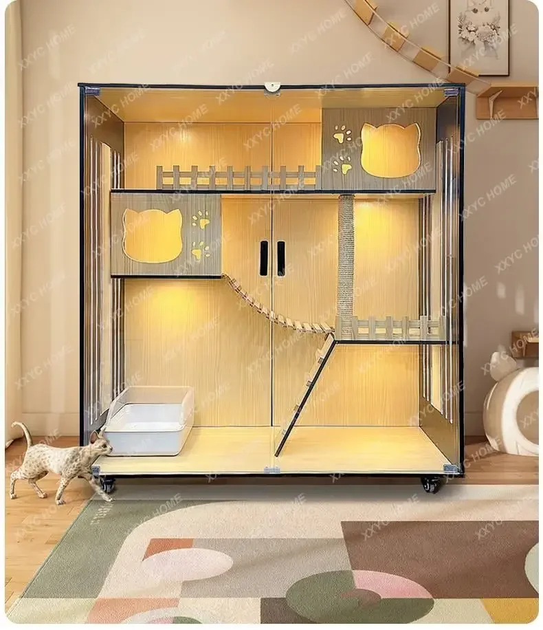 

Бытовая клетка из цельного дерева, домашний шкаф для кошек, катапия, кошачий домик, вилла, роскошный большой двухслойный