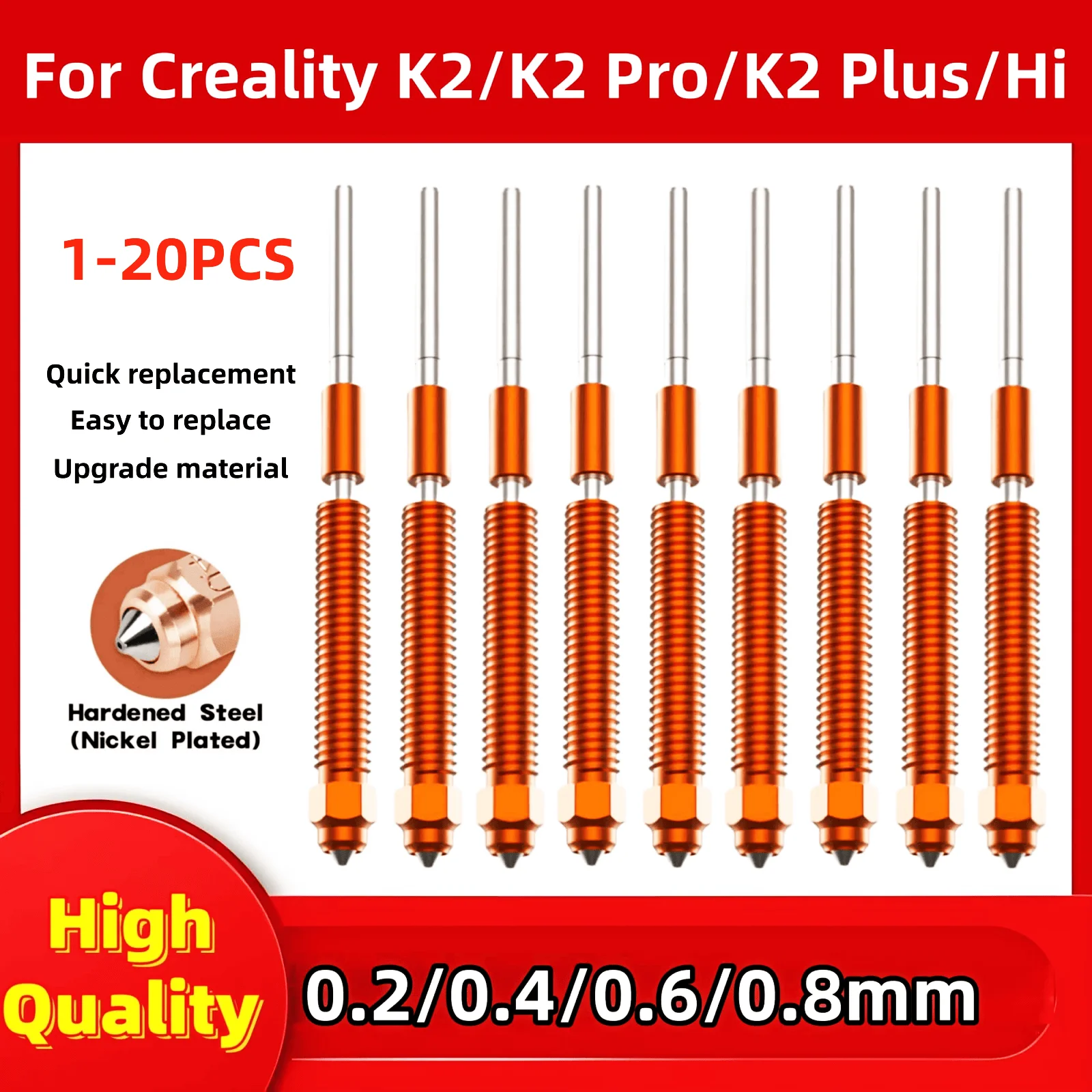 

1-20PCS "Unicorn" Quick-Swap Nozzle For Creality K2/K2 Plus/K2Pro Hardened Steel Nozzle All-metal integrated Nozzle For Hi Combo