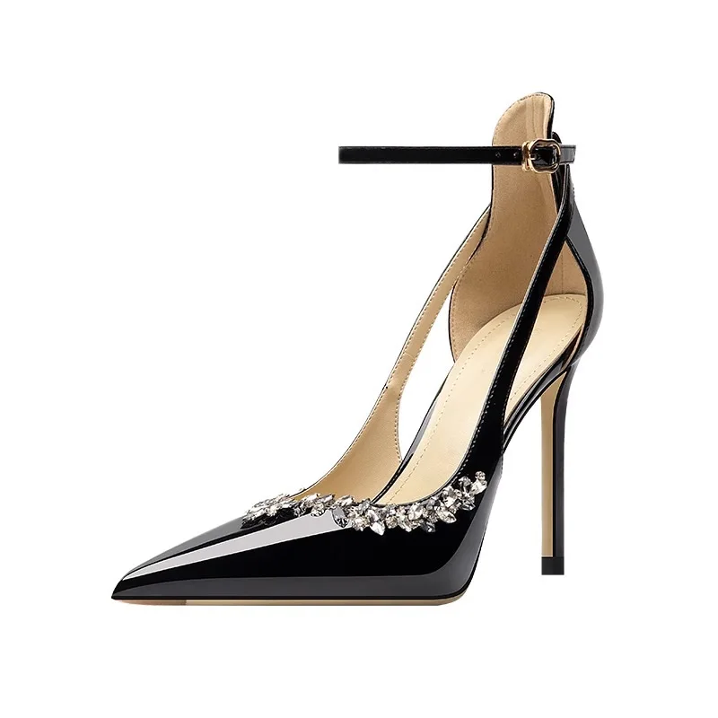

Pointed Toe 10CM Patent Leather High Heels Women Spring New Sexy Rhinestone Buckle Strap Single Shoes Female Wedding Dress Shoes